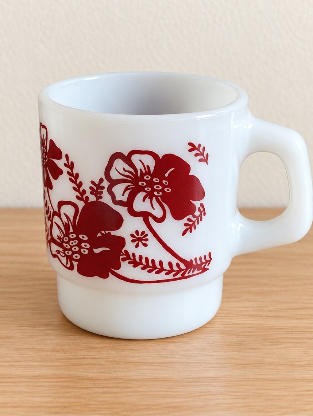 Anchor Hocking Milk Glass Mug Red Hibiscus Flowers Floral Stackable Vintage